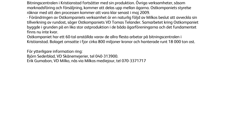Förändrad verksamhet i Ostkompaniet