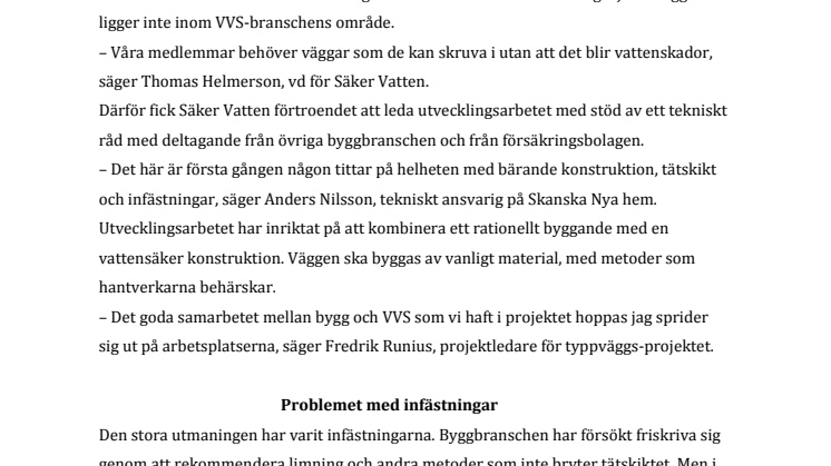 Säker Vatten presenterar typvägg för våtrum -  fuktsäker konstruktion för rationellt byggande 