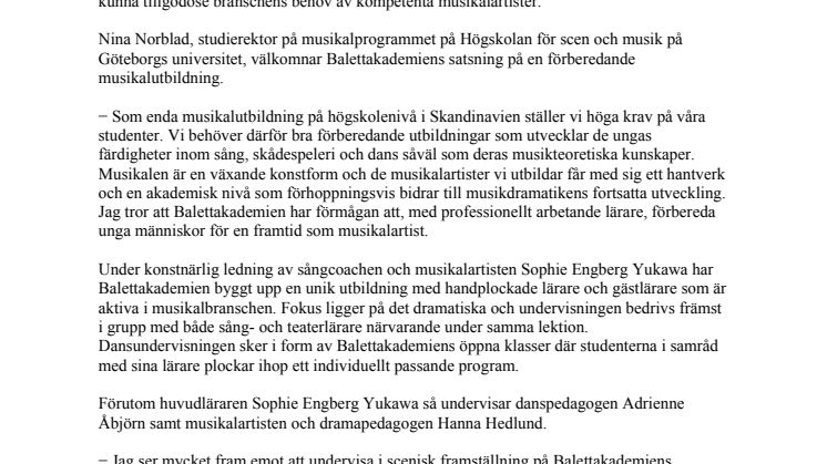 Balettakademien startar ny musikalutbildning