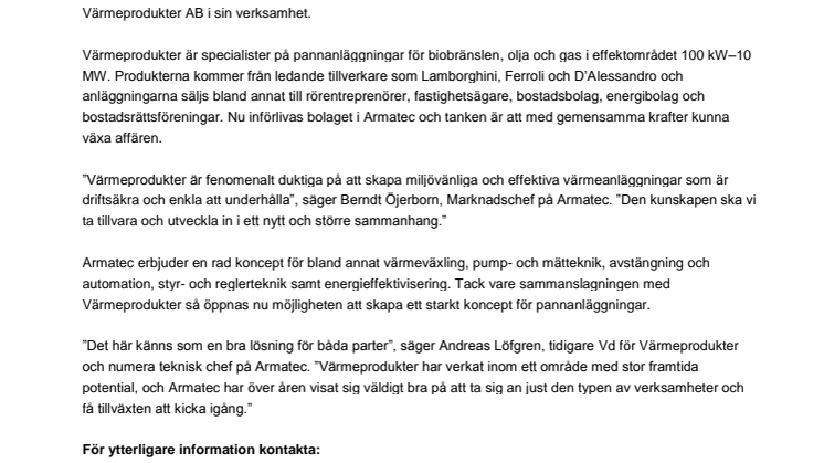 Värmeprodukter AB blir en del av Armatec AB