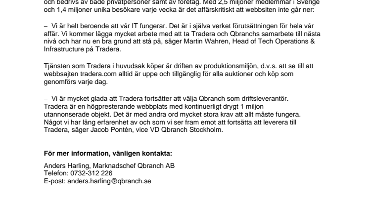 TRADERA FÖRLÄNGER AVTALET MED QBRANCH