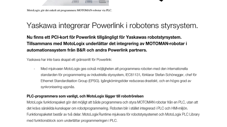 Yaskawa integrerar Powerlink i robotens styrsystem