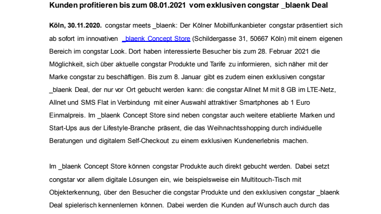 congstar im innovativen _blaenk Concept Store in Köln mit eigenem Bereich