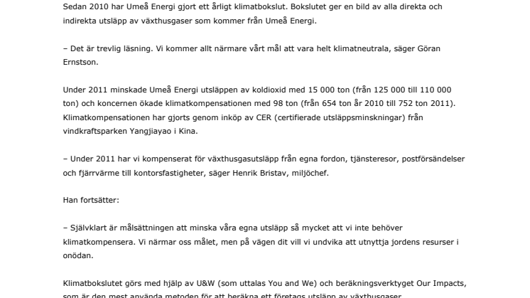 Positivt klimatbokslut från Umeå Energi