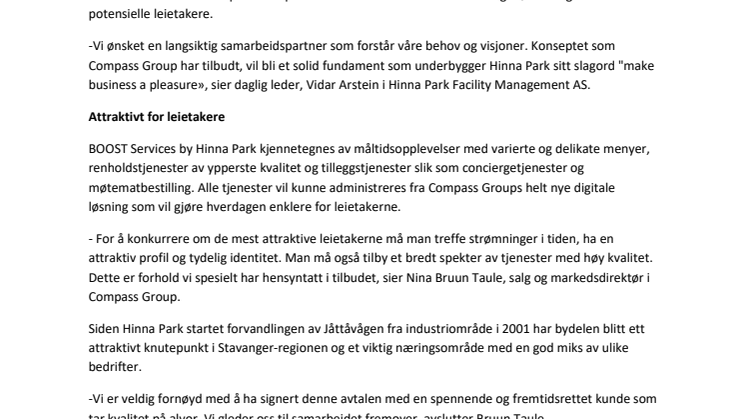 Hinna Park Facility Management AS signerer storavtale med Compass Group