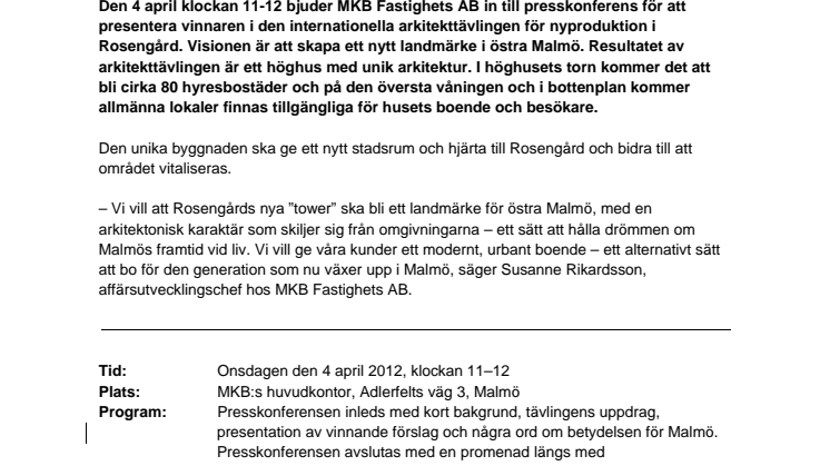 Inbjudan till presskonferens: Nytt landmärke i Malmö – MKB:s unika satsning i Rosengård