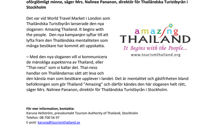 Thailändska Turistbyrån lanserar ny slogan: Amazing Thailand. It begins with the people