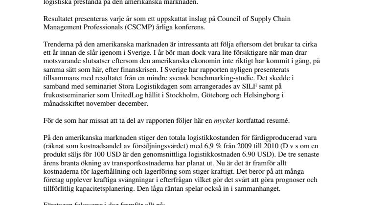 Årets logistik index publicerat: Fokus på logistikkostnader i USA – servicegraden viktig i Sverige