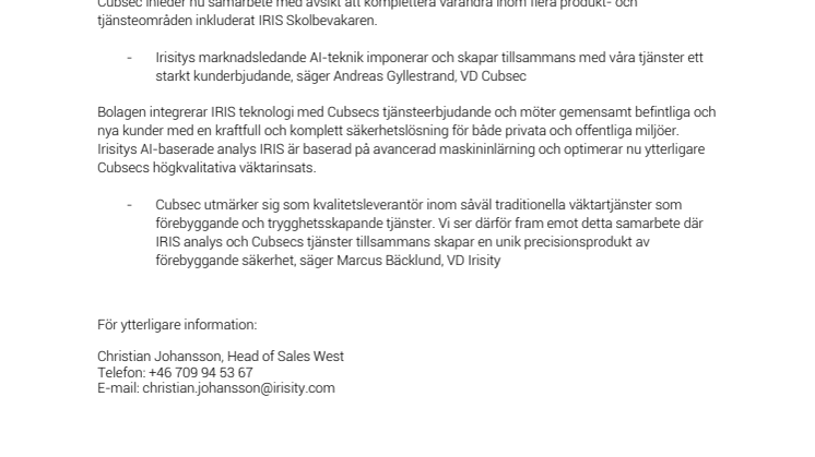 Irisity och Cubsec inleder strategiskt samarbete kring AI-tjänsten IRIS i Sverige.