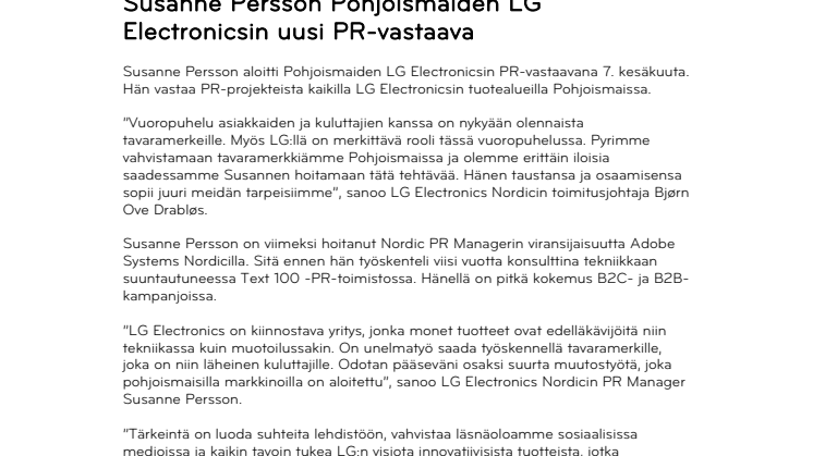 Susanne Persson Pohjoismaiden LG Electronicsin uusi PR-vastaava