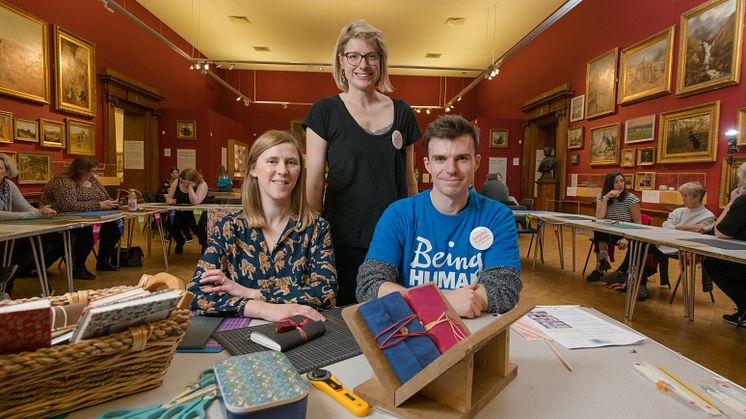 From l-r: Bookbinder Alexandra Marsden, Dr Claudine Van Hensbergen and Dr Gareth Roddy at the Books as Treasures event at the Shipley Art Gallery in Gateshead.