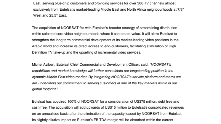 Eutelsat consolidates its presence in Middle East with the acquisition of NOORSAT