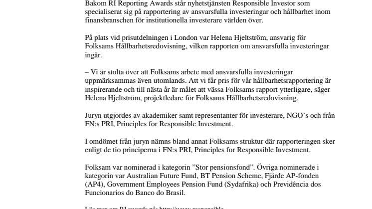 Folksam prisat för rapport om ansvarsfulla investeringar