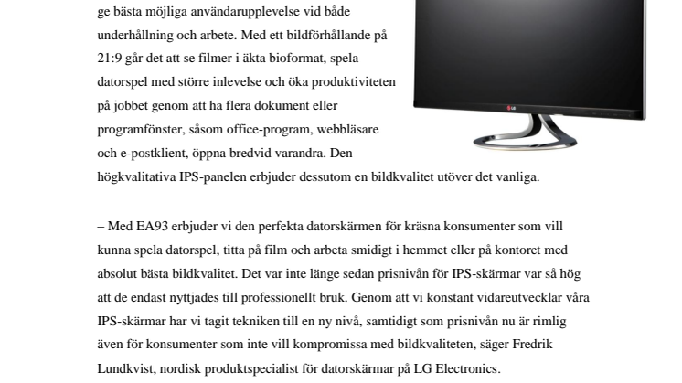 LG EA93 – IPS-SKÄRM FÖR JOBB OCH UNDERHÅLLNING I SUPERBRETT 21:9-FORMAT