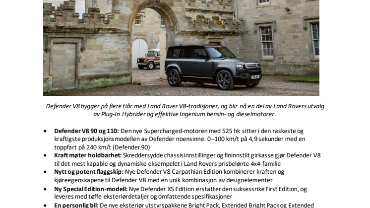 Den nye og potente Defender V8 og eksklusive Special Editions blir en del av modellutvalget
