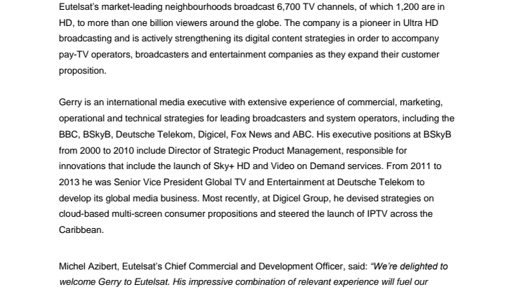 Gerry O’Sullivan joins Eutelsat as Executive Vice President, Global TV and Video