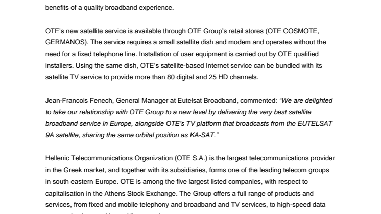 OTE selects Eutelsat KA-SAT broadband satellite to extend  high-speed Internet availability across Greece
