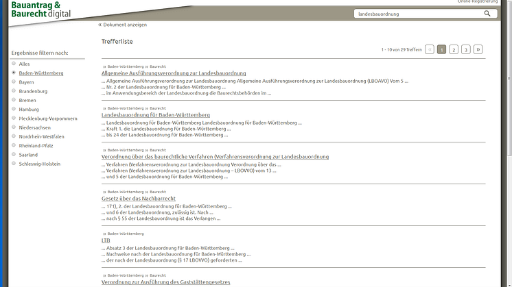 Screenshot Suchtreffer / Bauantrag & Baurecht digital