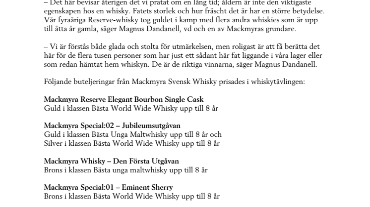 Guldmedalj till Mackmyras 30-literfat på Stockholm Beer & Whisky Festival 2009