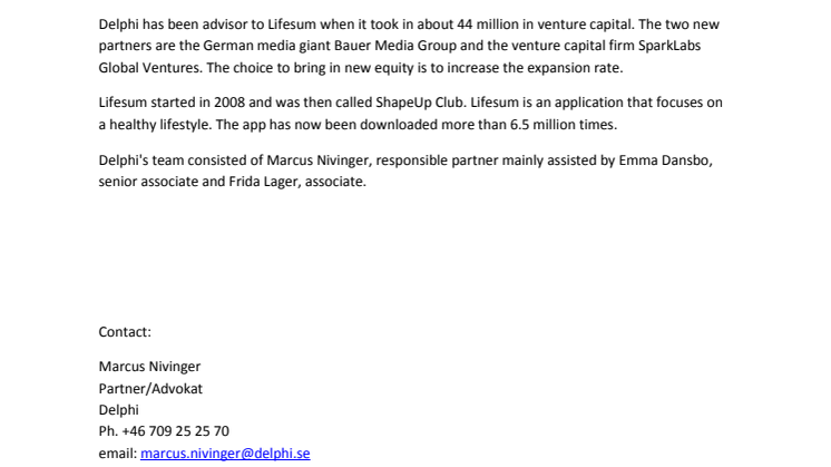 Delphi advisor when Lifesum (ShapeUp Club AB) is raising external capital