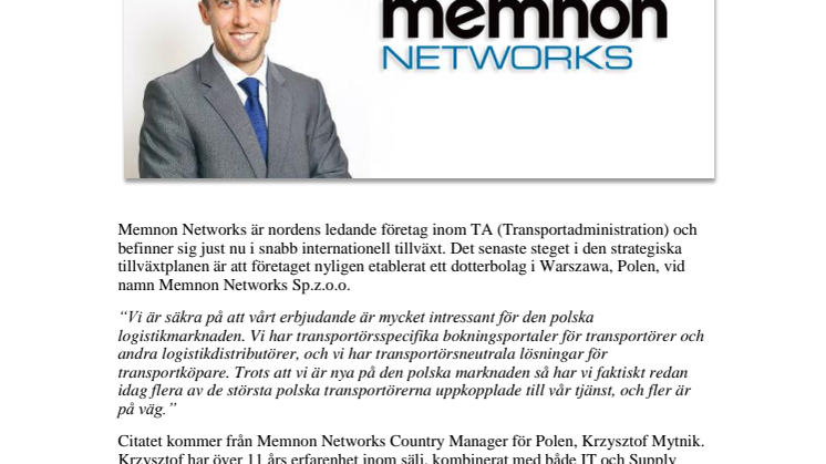 Memnon Networks etablerar dotterbolag i Polen