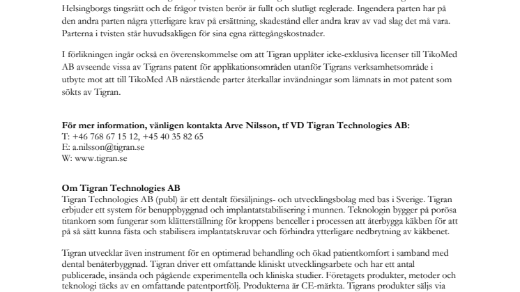 Tigran: Förlikning i tvist med Lars Bruce och TikoMed AB