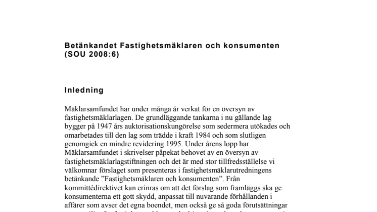 Remissyttrande Fastighetsmäklaren och konsumenten