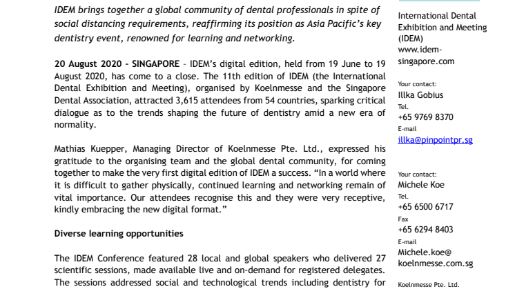 IDEM 2020 marks the first digital edition of Asia Pacific’s leading dental event