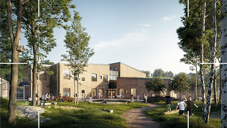 Konceptstudie av hållbar förskolebyggnad. Illustration: Liljewall arkitekter