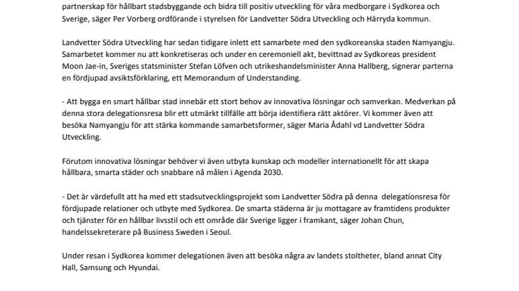 Landvetter Södra Utveckling deltar i näringslivsdelegation till Sydkorea
