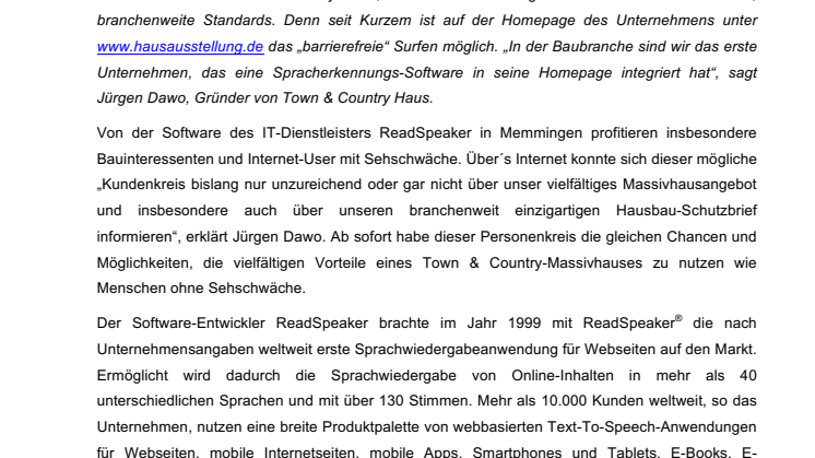 Town & Country Haus: Homepage jetzt mit Spracherkennungs-Software - „Barrierefreies“ Surfen im Internet
