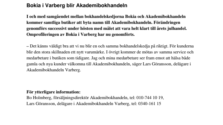Bokia i Varberg blir Akademibokhandeln 