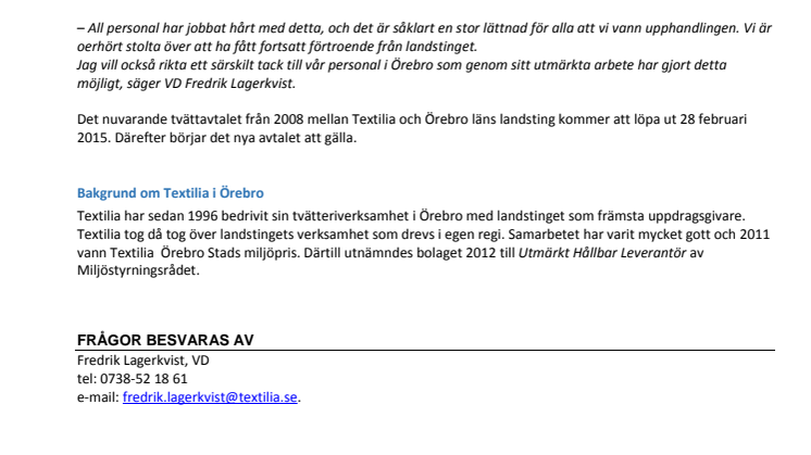 Textilia fortsätter leverera textilservice till Örebro läns landsting