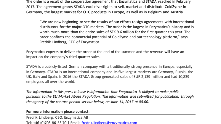 Enzymatica receives record order from STADA Arzneimittel AG