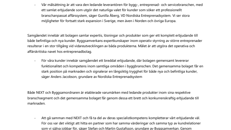 Nordiska Entreprenadsystem och Byggsamverkan går samman och blir en ledande aktör för bygg- och entreprenadbranschen