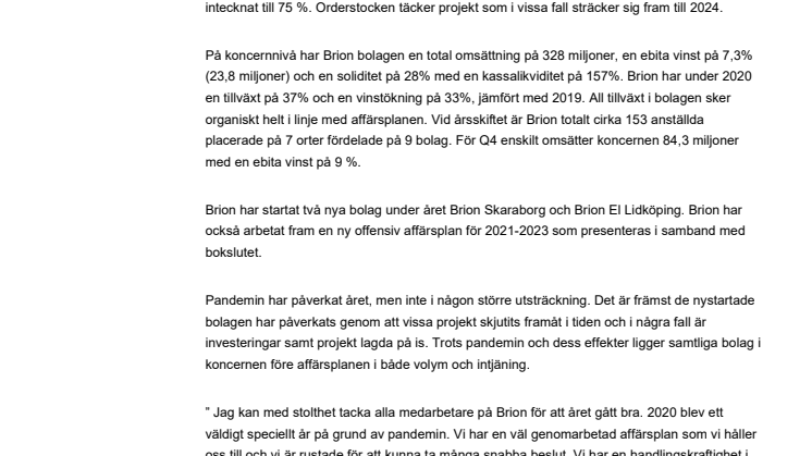 Brion presenterar preliminärt bokslut 2020