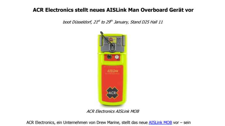 ACR Electronics stellt neues AISLink Man Overboard Gerät vor