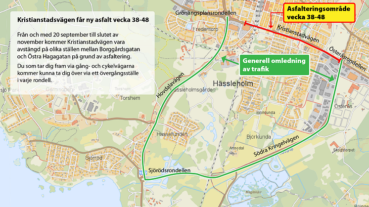 Karta över var vägen är avstängd och hur trafiken leds om.