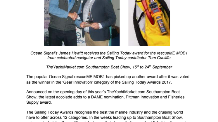 Ocean Signal rescueME MOB1 Voted Winner for Gear Innovation