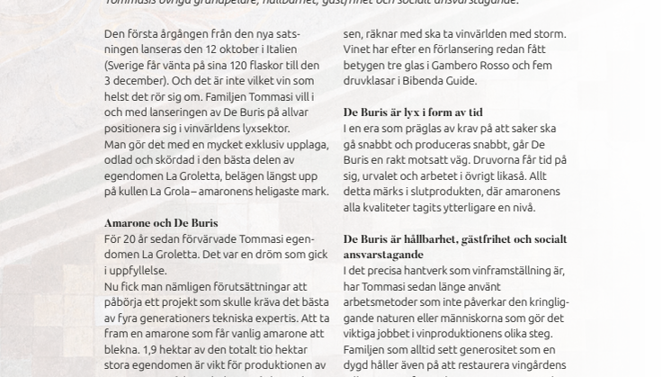 Tommasi lanserar ett framtida ikonvin. Lyxetiketten De Buris.