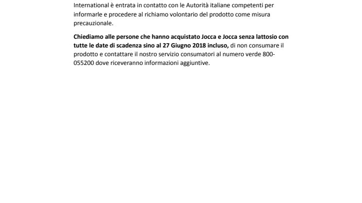 MONDELEZ INTERNATIONAL PROCEDE AL RICHIAMO VOLONTARIO DEI PRODOTTI JOCCA E JOCCA SENZA LATTOSIO