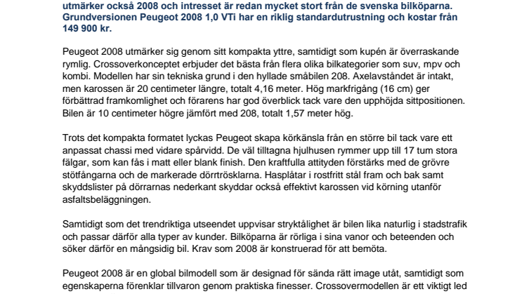 Sverigepremiär för Peugeot 2008 - kompakt, tuff och robust crossover