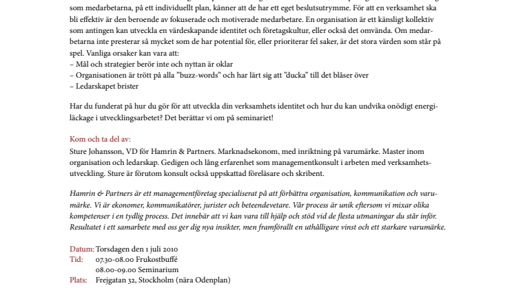 Hamrin & Partners inbjuder till frukostseminariet "Företagskultur och Varumärke" den 1 juli