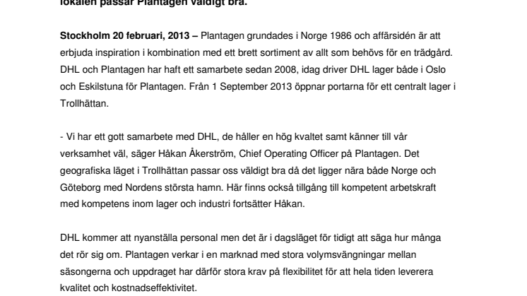 Nytt centrallager för Plantagen i DHL:s lokaler i Trollhättan