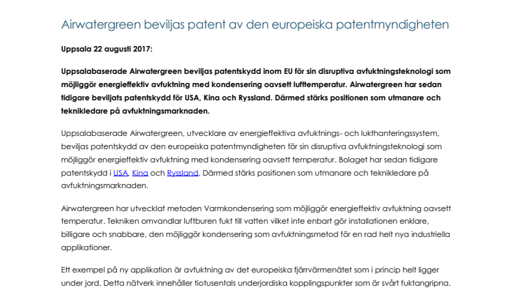 Airwatergreen beviljas patentskydd i EU
