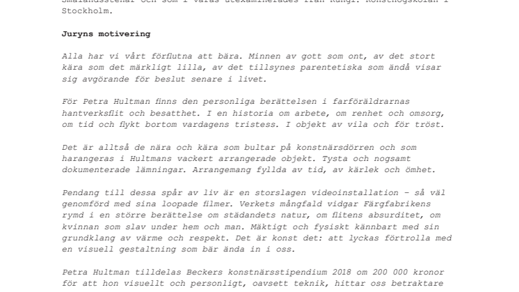 Petra Hultman tilldelas Beckers konstnärsstipendium 2018