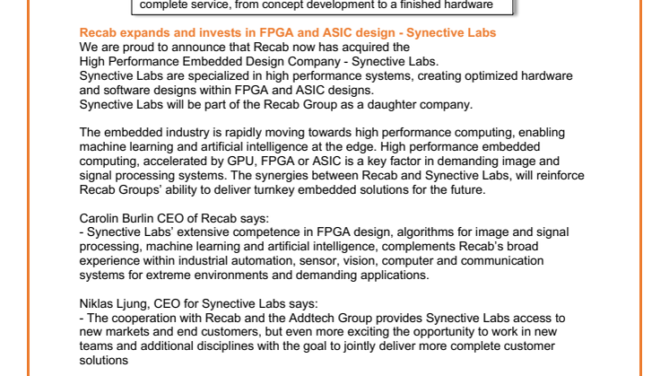 Recab expands and invests in FPGA and ASIC design - Synective Labs