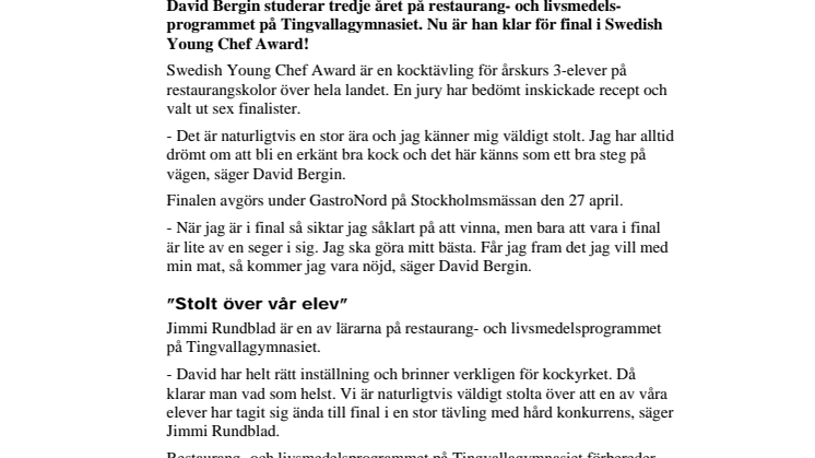 Tingvalla-elev till final i nationell kocktävling