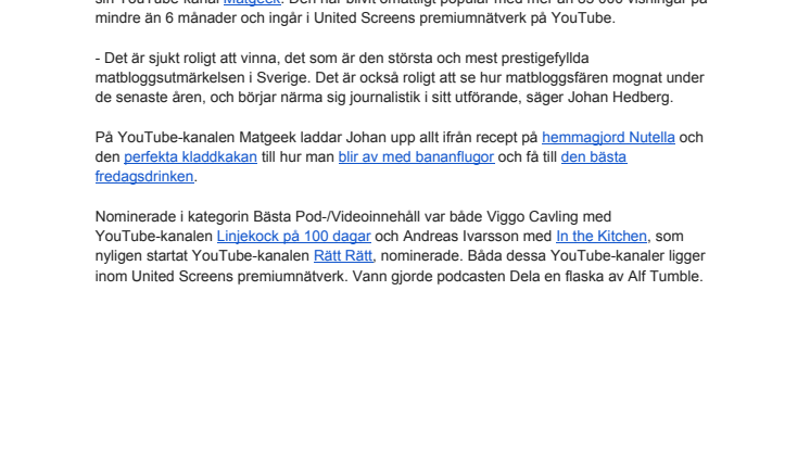 United Screens youtuber Matgeek vinnare av Stora Matbloggspriset 2014 