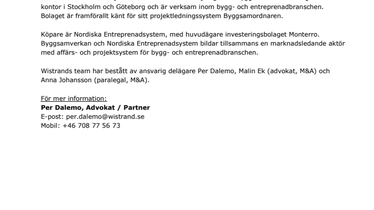 Wistrand biträder vid försäljningen av Byggsamverkan till Nordiska Entreprenadsystem